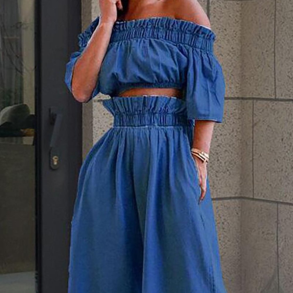 Two Piece Jeans Outfits - Demin Off the Shoulder Crop Tops Wide Leg Pants Sets